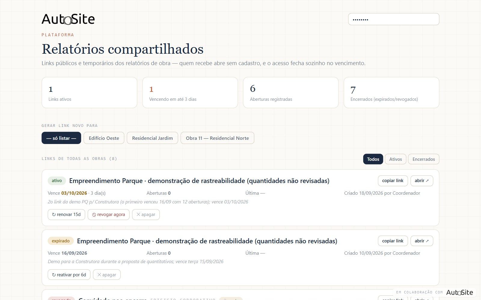Tela de relatórios compartilhados com links ativos, expirados e revogados e contagem de aberturas